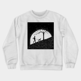 Dog walking linocut with golden sunset Crewneck Sweatshirt